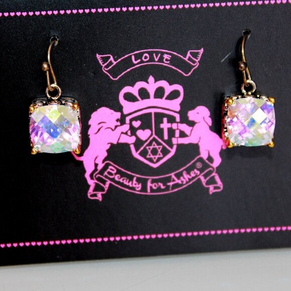 8mm Checker Throne Room Glory Fire Aurora Borealis Rainbow AB CZ Dangle Earrings - Picture 1 of 4